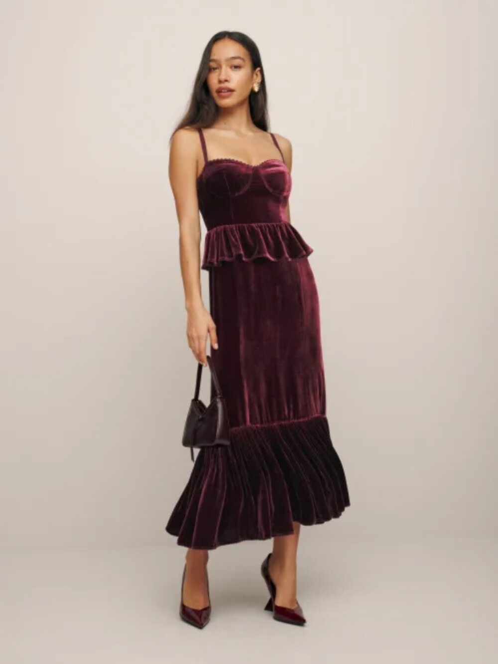 NWT Reformation Felda Dress in Prune Velvet Purple Red Midi Sleeveless Size 0